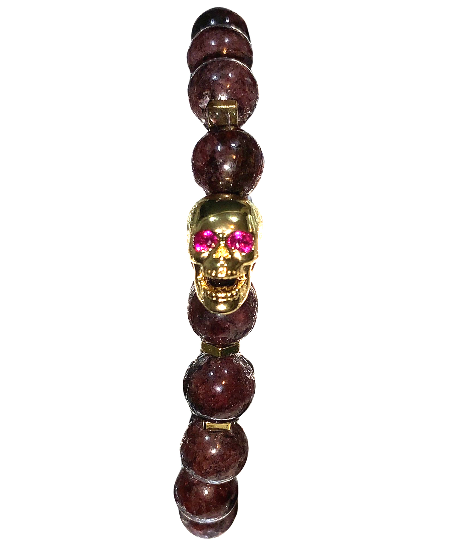 Graveyard-Blood Garnet Gemstone-Red-18kGold Skull/Squares-8mm