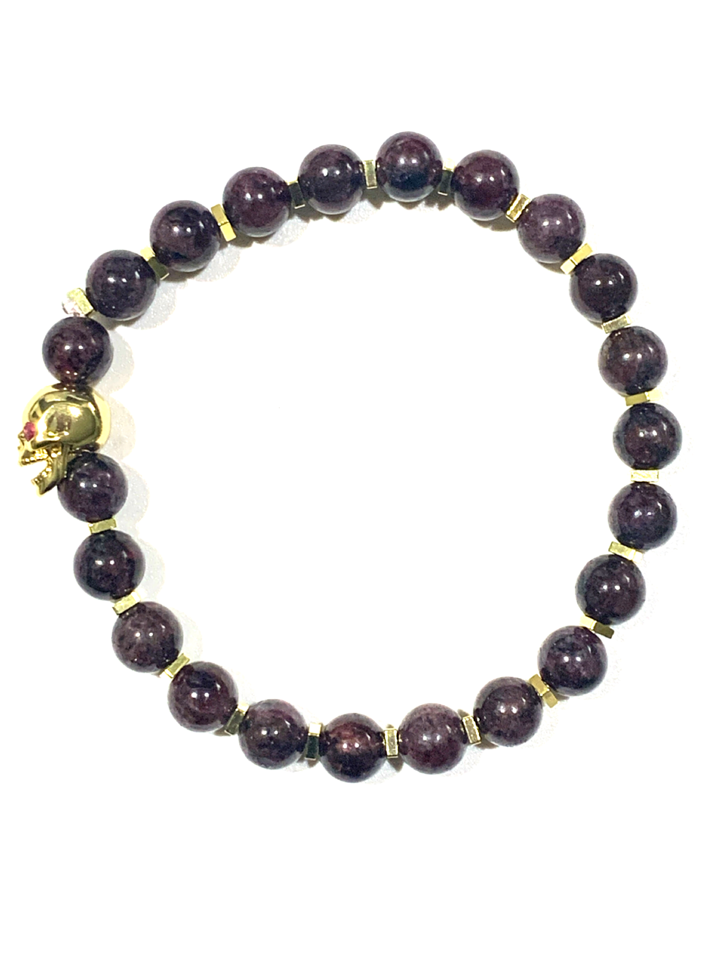 Graveyard-Blood Garnet Gemstone-Red-18kGold Skull/Squares-8mm