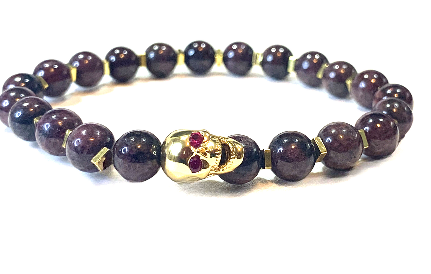 Graveyard-Blood Garnet Gemstone-Red-18kGold Skull/Squares-8mm
